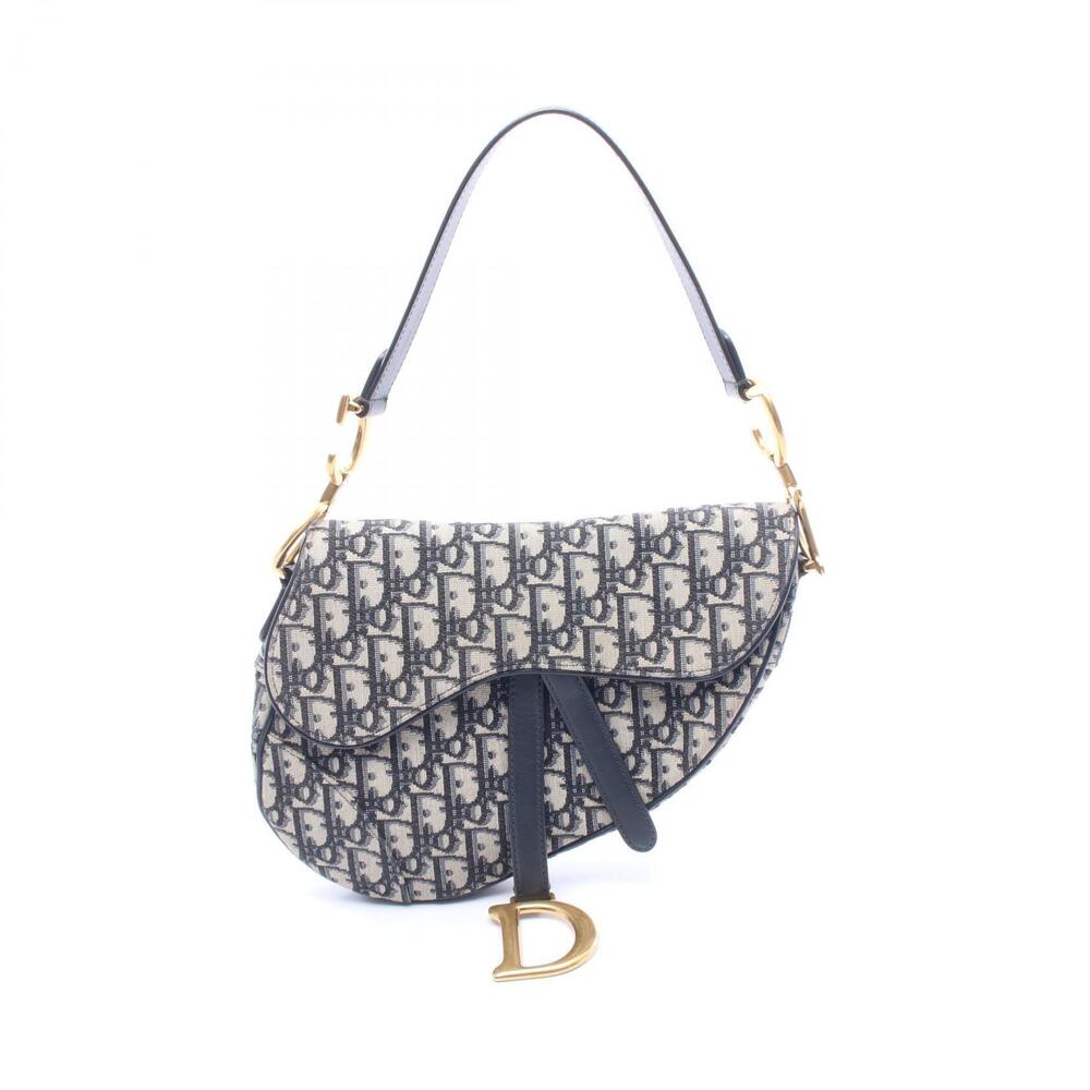Christian Dior SADDLE Oblique Handbag Canvas Leather Navy Blue Beige